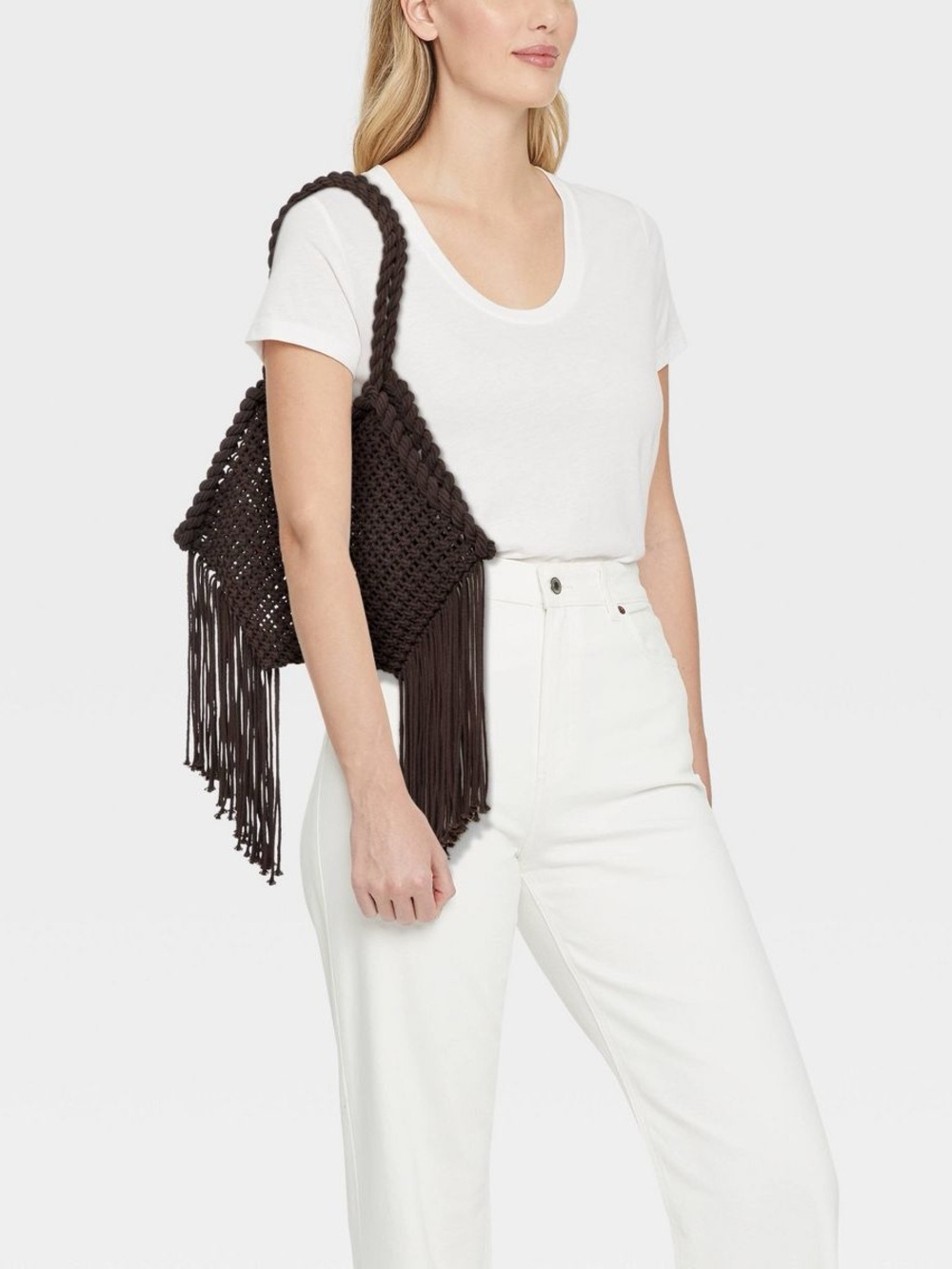 Universal Thread Hand Crafted Cotton Macrame Fringe Tote Bag - Brown
